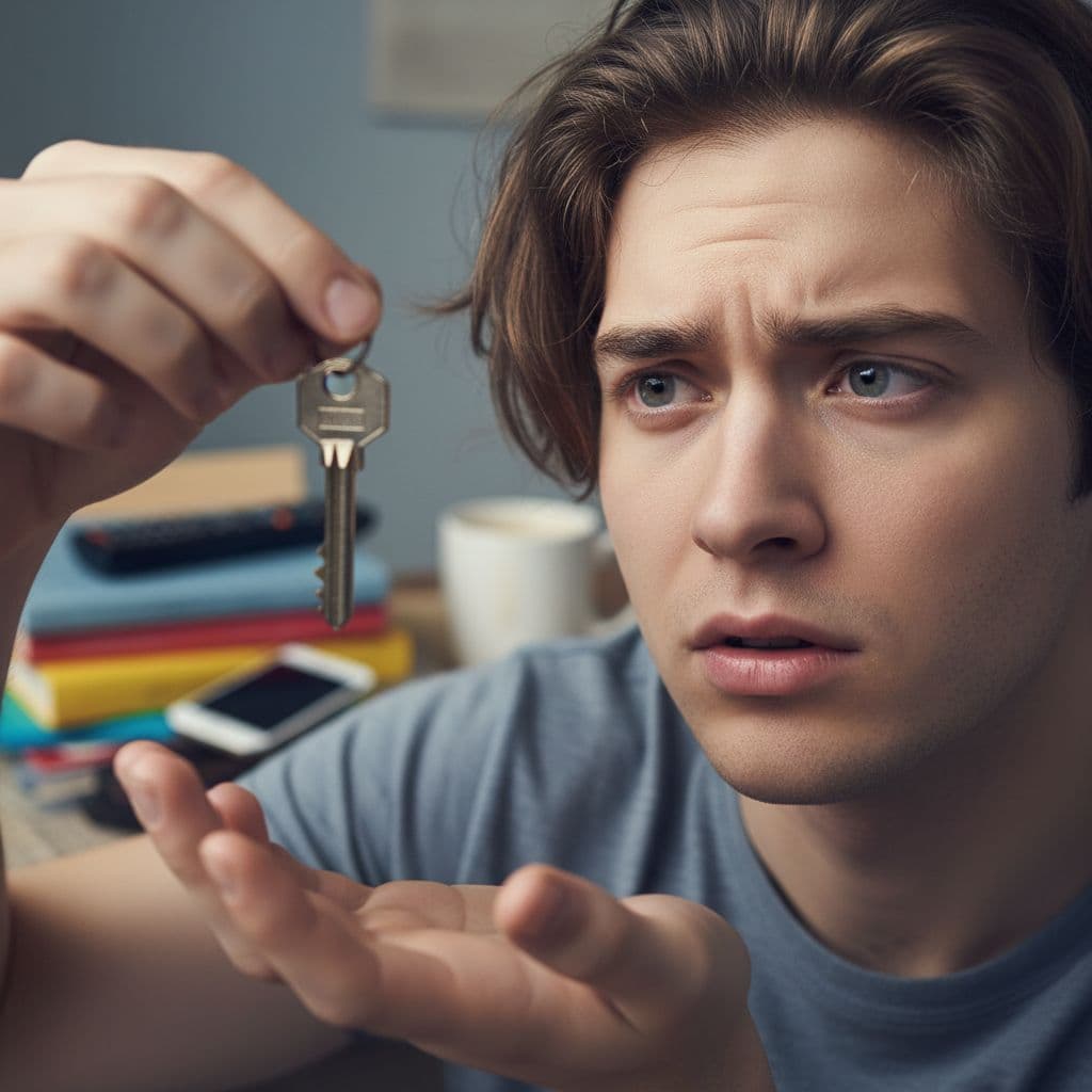 Close-up on a person's slightly bewildered face holding a single house key, with blurred distracting objects in the background. Realistic photography with soft, confusing lighting and shallow depth of field.
