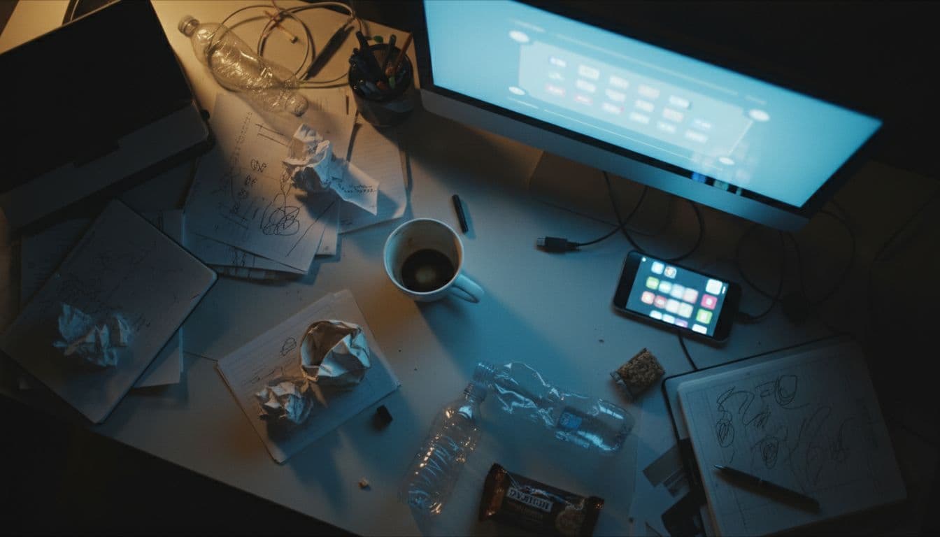 Top-down view of a cluttered office desk displaying common headache triggers like a half-empty coffee mug, glowing blurred computer screen, smartphone notifications, scattered papers, and dim overhead lighting in realistic photo style.