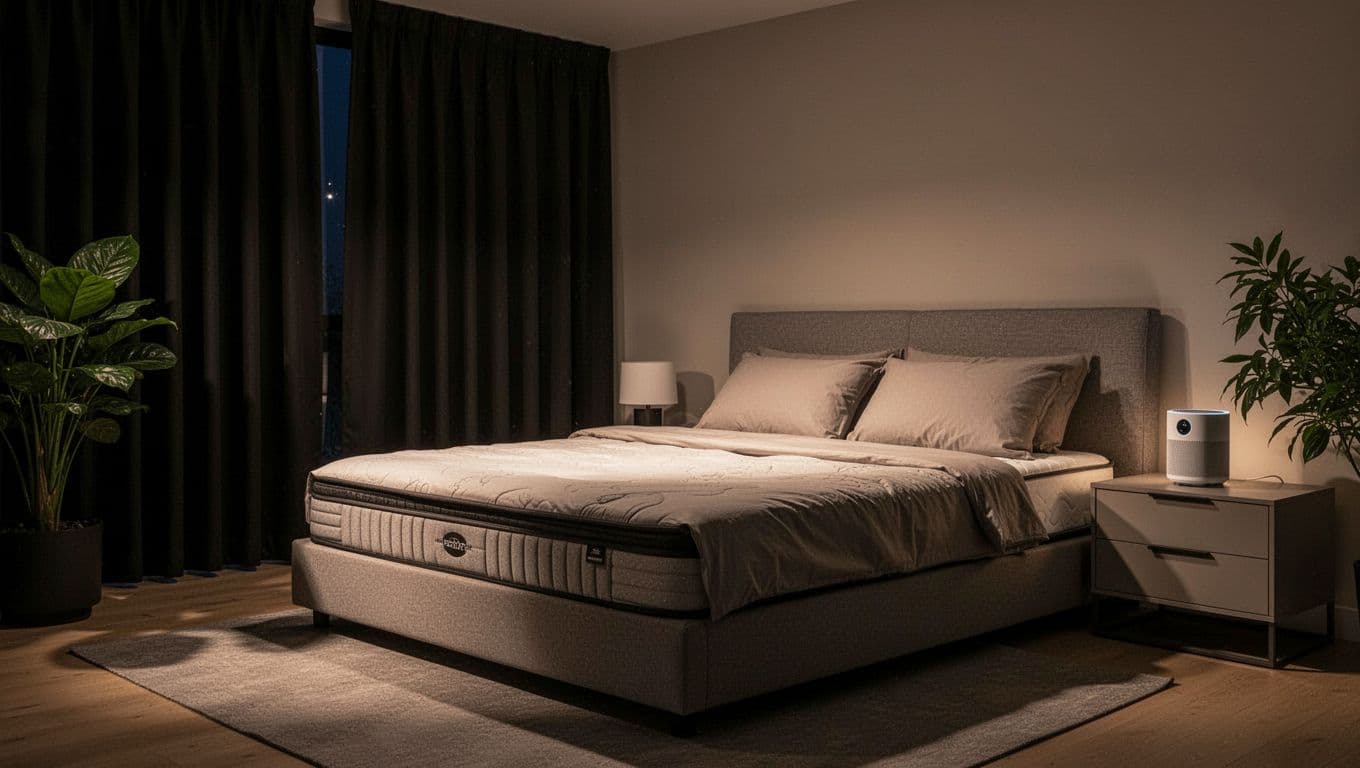 Serene modern bedroom at night with dim warm lighting, blackout curtains, comfortable neutral bed, air purifier, plants, and no electronics for an ideal sleep environment.