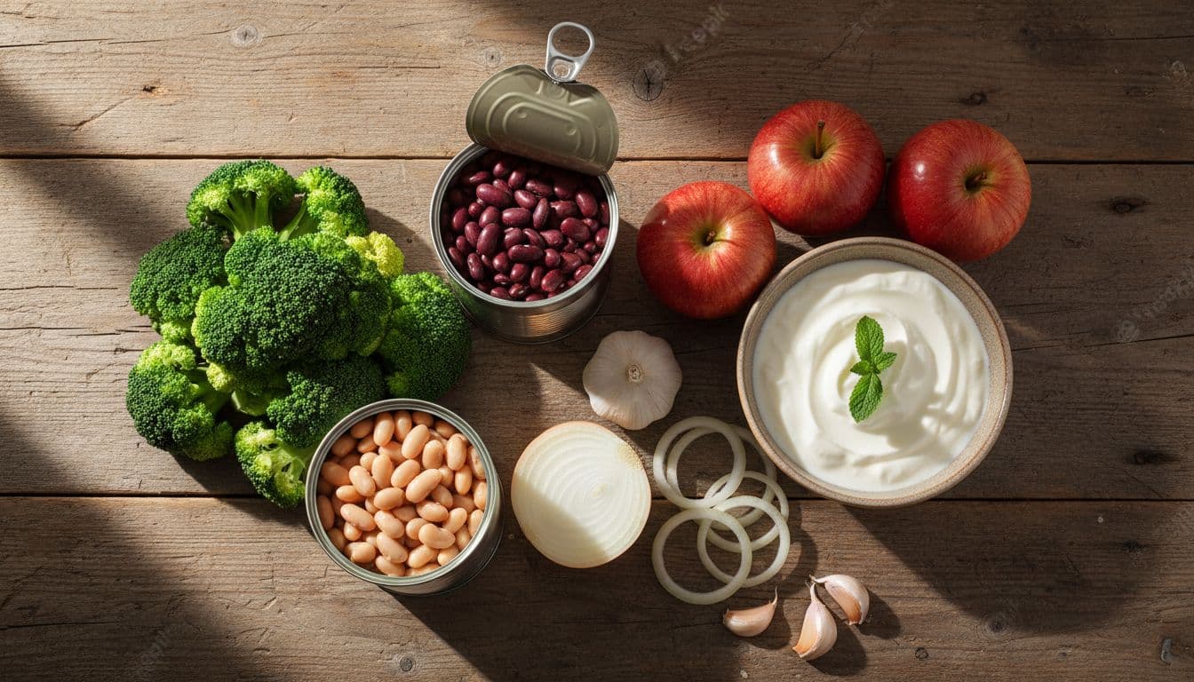 Fresh assortment of gas-producing healthy foods like broccoli, beans, apples, onions, garlic, and yogurt arranged on a rustic wooden table in a top-down photorealistic view with natural lighting.