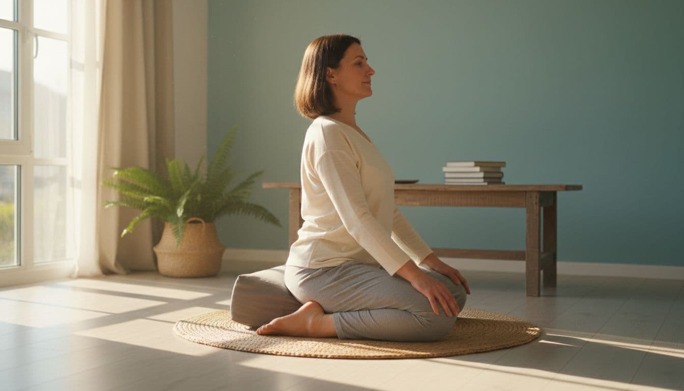 An adult in comfortable clothes performs a gentle yoga pose on a living room mat, with a calm expression amid morning sunlight streaming through the window, creating a serene atmosphere.