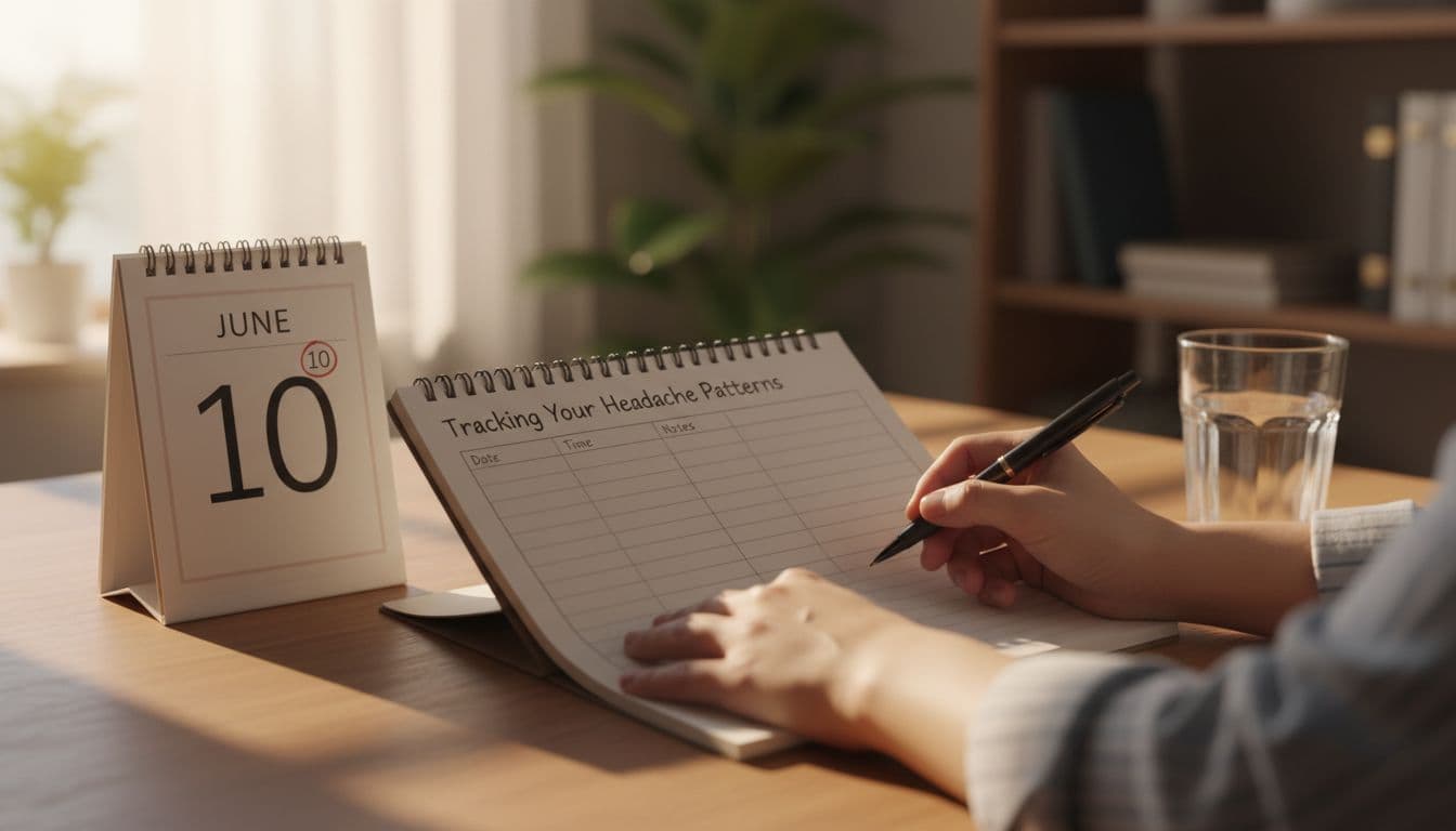 Close-up realistic photograph of an adult's hands writing notes in an open notebook on a desk with a pen, calendar, and glass of water, softly lit by morning window light.