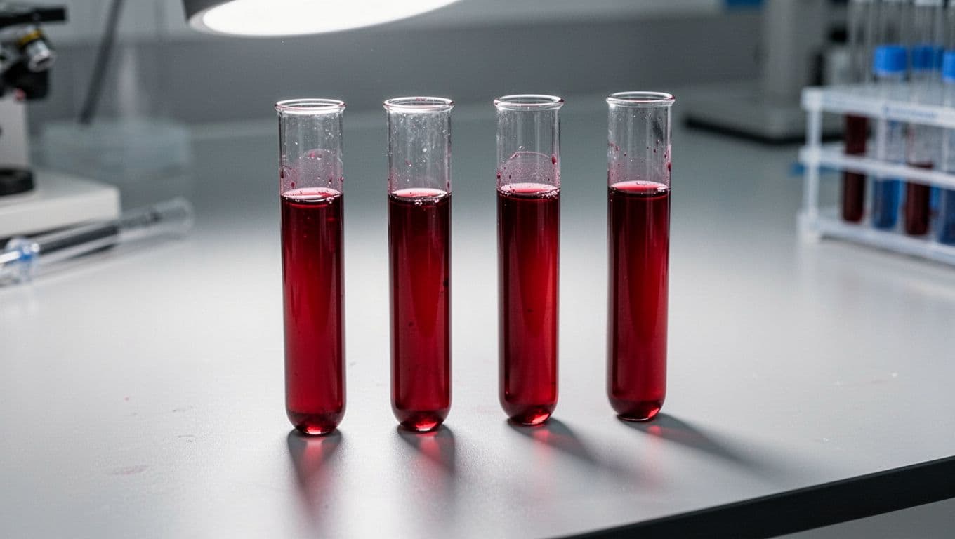 Diverse group of exactly four lab test tubes with blood samples on a clean lab bench, soft overhead lighting, realistic photo style, no people, no labels or text, no watermarks.
