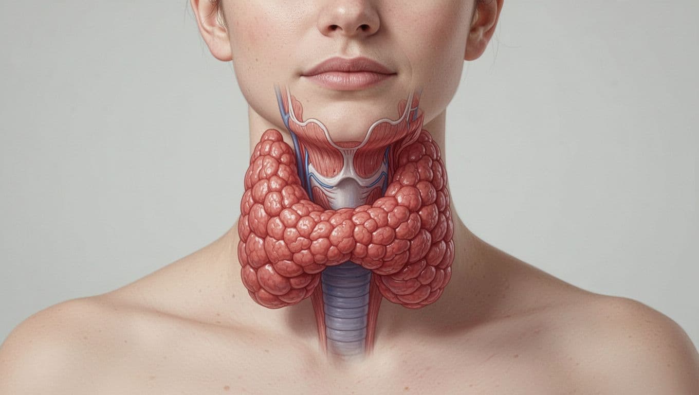 A detailed anatomical illustration of the human thyroid gland in the neck, featuring soft medical-style lighting and central composition, visualizing its role in energy regulation.