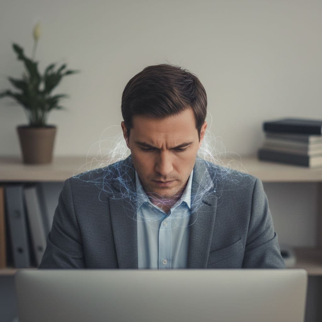A solitary person sits hunched at a sparse desk, with subtle tension lines around neck and shoulders in muted professional tones evoking prolonged workday stress.