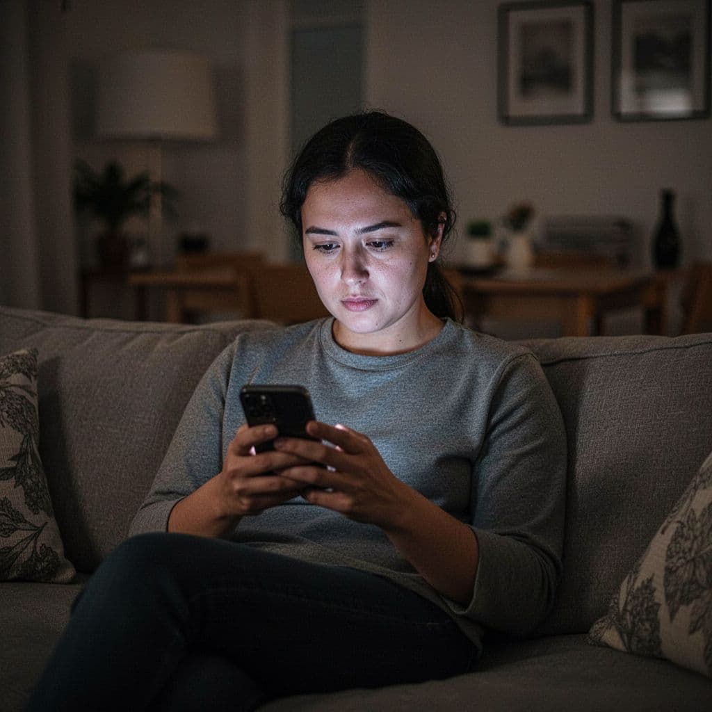 A person sitting on a couch late in the evening, face illuminated only by a smartphone held low, casting a soft glow upwards, focusing on the repetitive, vacant posture of scrolling with shallow depth of field.