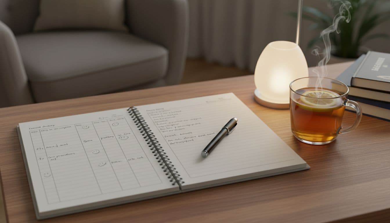Top view of an open notebook on a desk showing partially illegible handwritten food diary entries, with a pen resting on the page and a cup of herbal tea beside it, illuminated by soft desk lamp light in a home setting.