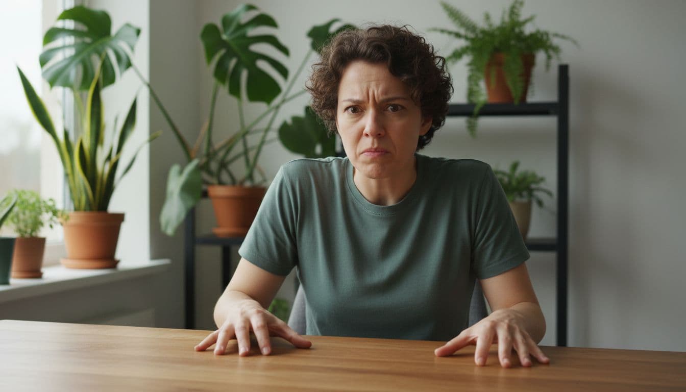 Realistic photo of one adult at a home desk with tense raised shoulders, clenched jaw, furrowed brow, and hands gripping the desk edge lightly, in natural indoor light with calm plant background.