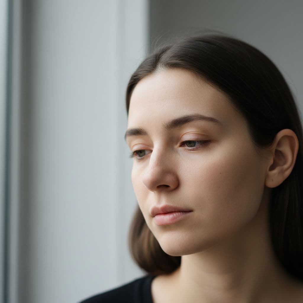 Close-up portrait of a person with tired eyes looking slightly unfocused, soft natural lighting, minimalist background. Focus on conveying subtle exhaustion and mental fatigue.