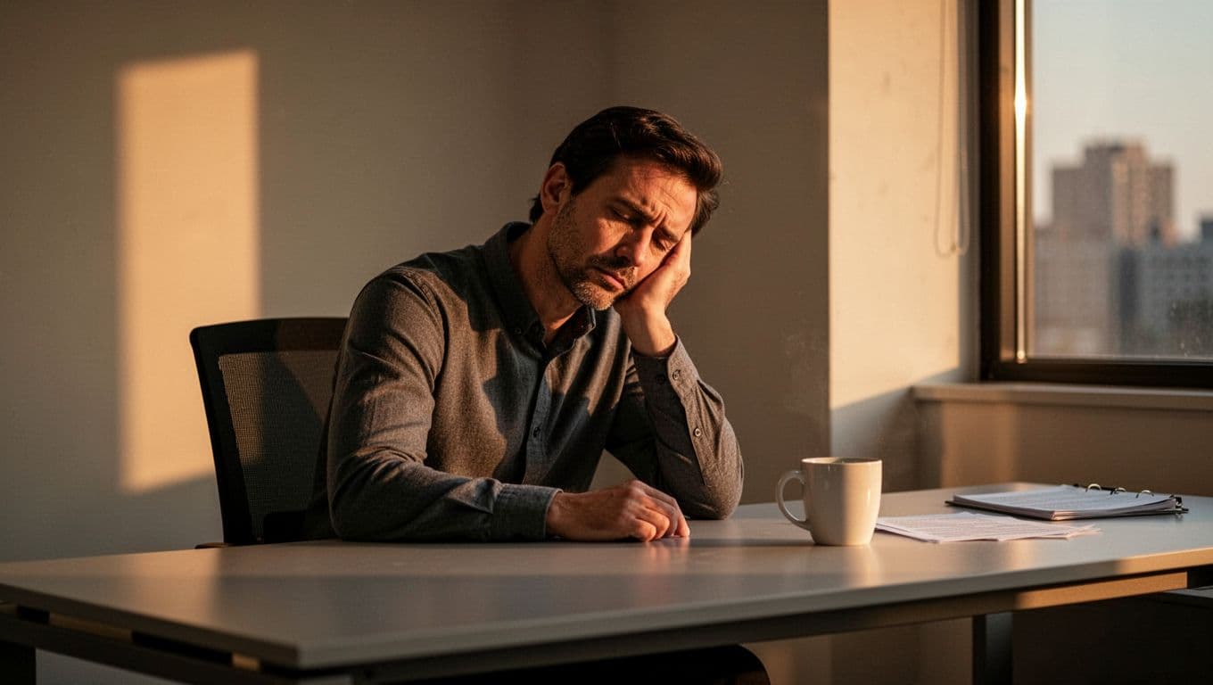 A single adult at a modern office desk in the afternoon, head resting on hand with tired eyes, dim warm lighting from window, and empty coffee mug nearby, in realistic photo style.